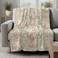 thumbnail image 2 of Pink Flowers Blanket Soft Cozy Warm Throw Blanket for Couch, Plush Fuzzy Flannel Fleece Blankets for Sofa, Green Country Botanical Floral Leaves Bed Blankets Lightweight Gifts for Women, 50"x80", 2 of 9