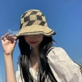 thumbnail image 6 of CoCopeanut Topi Bucket Rajutan Benang Jerami Tangan Topi Matahari Lembut Musim Semi Musim Panas Topi Pantai Wanita Topi Nelayan Bob Kotak-kotak Panama Wanita, 6 of 6