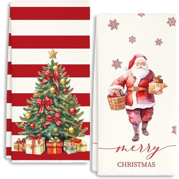 2Pcs Red and Green Santa Towels Dish Towels Dishcloth, Funny Winter Christmas Holiday Decor for Kitchen Bathroom Home, 16x24 Farmhouse Decoration Hand Towels
