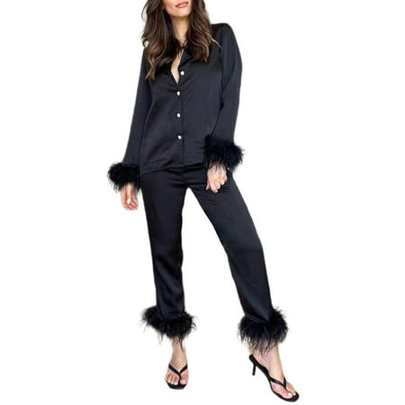 

Long Sleeve Solid Women Pajama Set Feather Trim Soft With Pocket Button Down