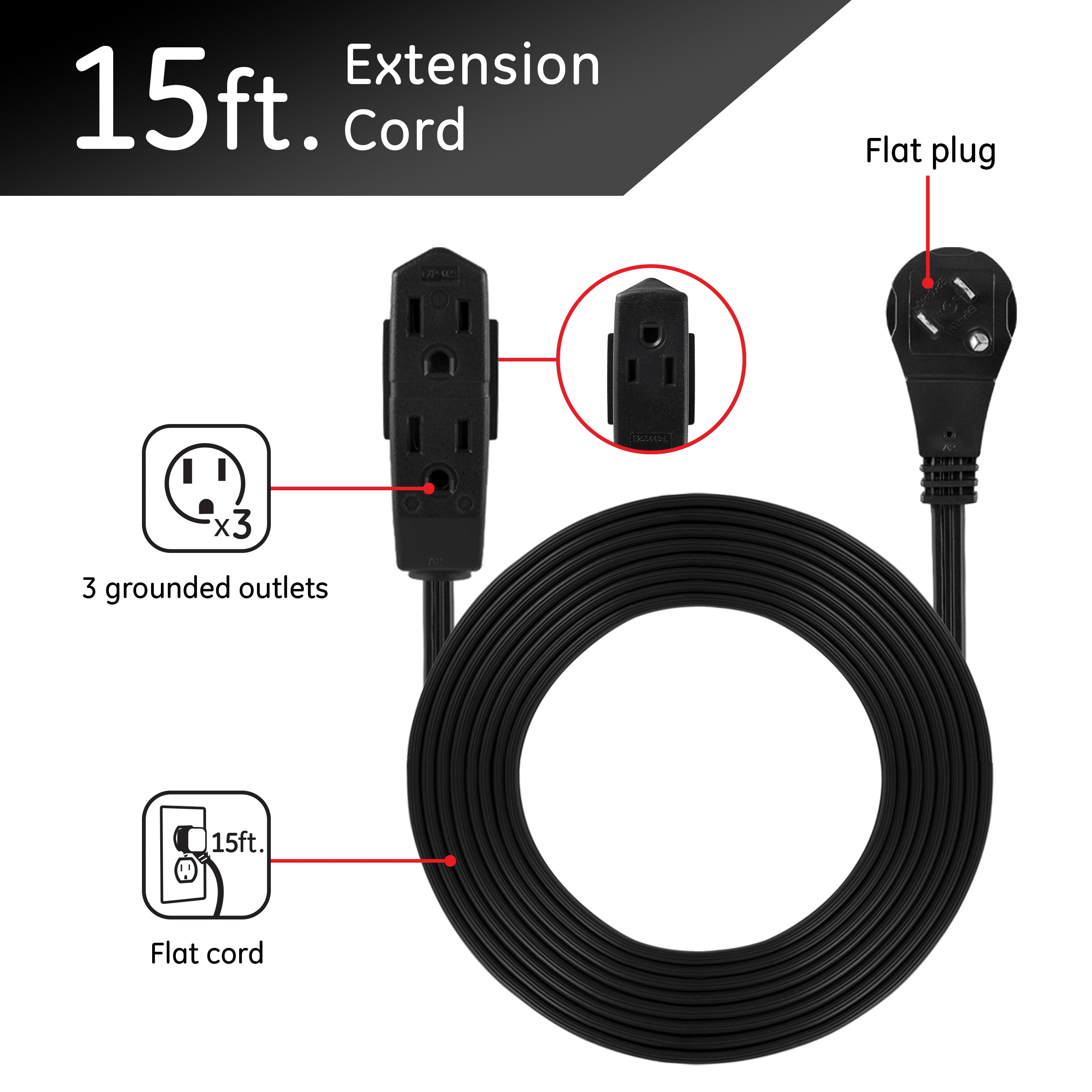General Electric 3-Outlet Extension Cord, 15 ft., Indoor, Right Angle Plug, 15A, Black, 56987