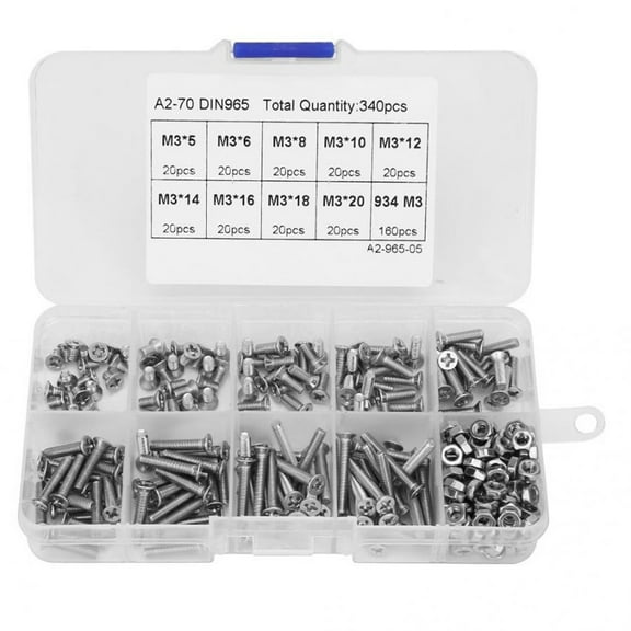 340pcs M3x5/6/8/10/12/14/16/18/20mm Stainless Steel Cross Flat Head Screw Countersunk Screws Assortment Kit M3 Hex Socket Nut