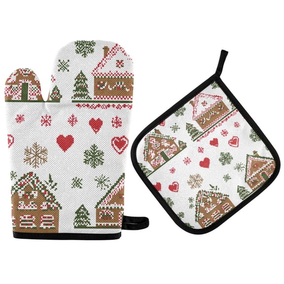 Yayeee Oven Mitts and Pot Holder Set of 2 Heat Resistant Kitchen Gloves Baking Hot Pad, Brown Nordic Christmas