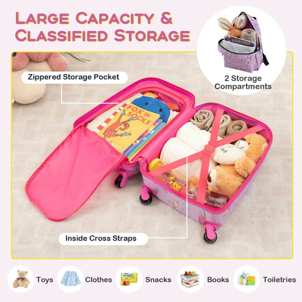 Topcobe 5 Piece Kids Luggage Set with Backpack Neck Pillow Name Tag Lunch Bag, Kids Rolling Luggage-Pink