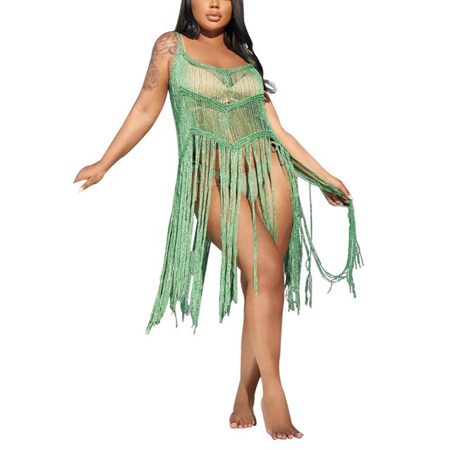 VISgogo Vestido con flecos para mujer, vestidos sin mangas con cuello en U de color sólido, ropa de playa hueca, S/ M/ L/ XL VISgogo moda