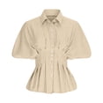 thumbnail image 5 of SSZMDLB Women Collared Short Sleeve Button Down Pleated Peplum Top Casual Blouse Solid Basic Shirt Office Outfits Summer Work Tops, Yellow S, 5 of 7
