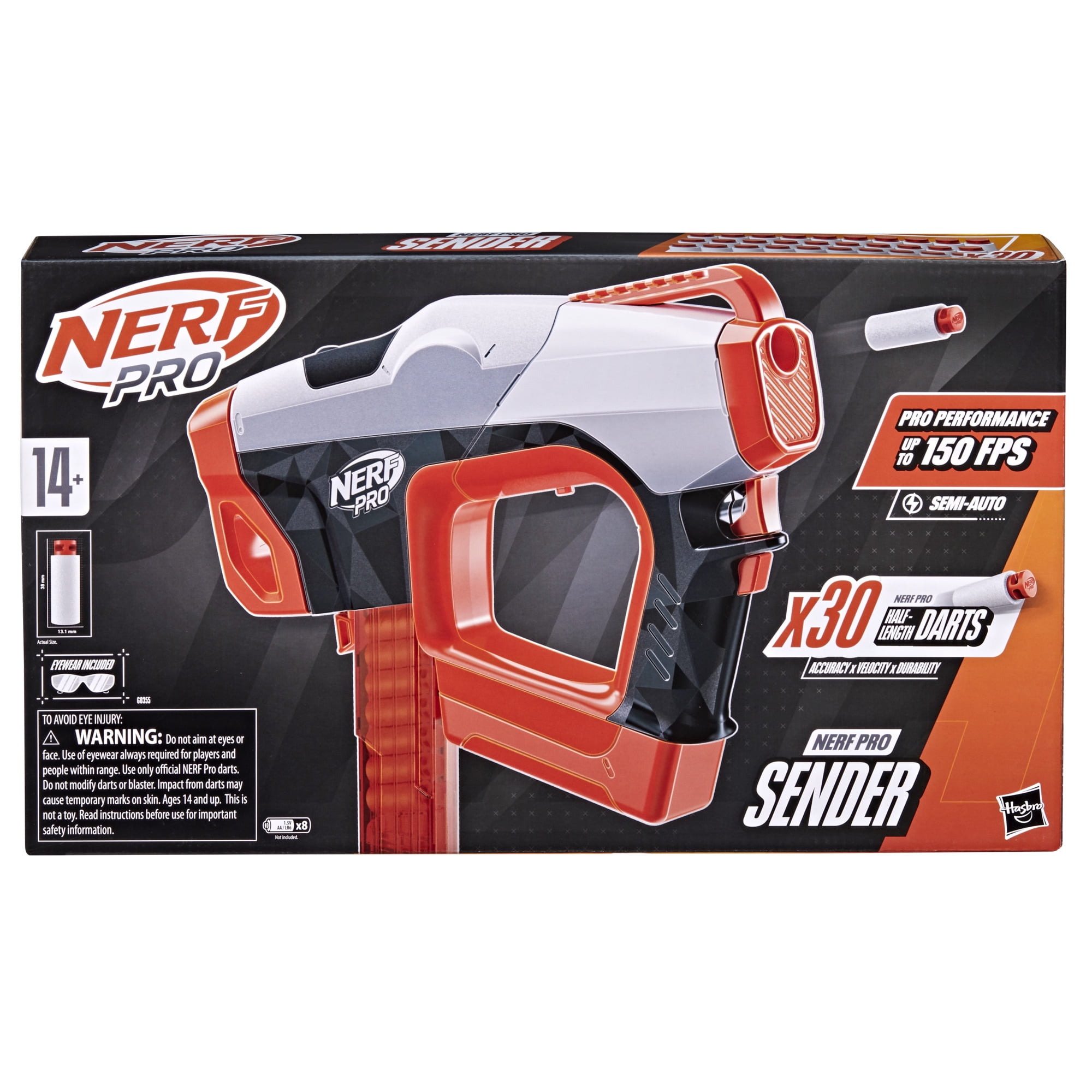 Nerf Pro Sender Half-Length Semi Auto Dart Blaster, 30 Nerf Pro Half-Length Darts, Magazine, 14+