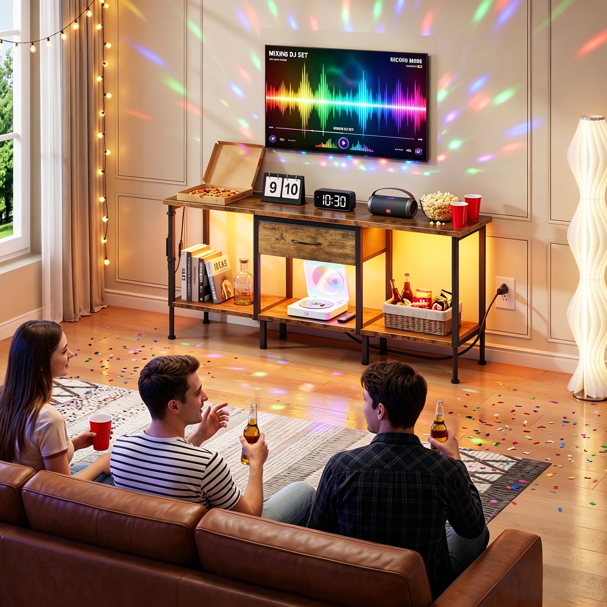 HIGDBFE TV Stand for TVs up to 55 inch, LED Entertainment Center with Fabric Drawers and Power Outlet, Metal TV Console Table for Living Room and Bedroom
