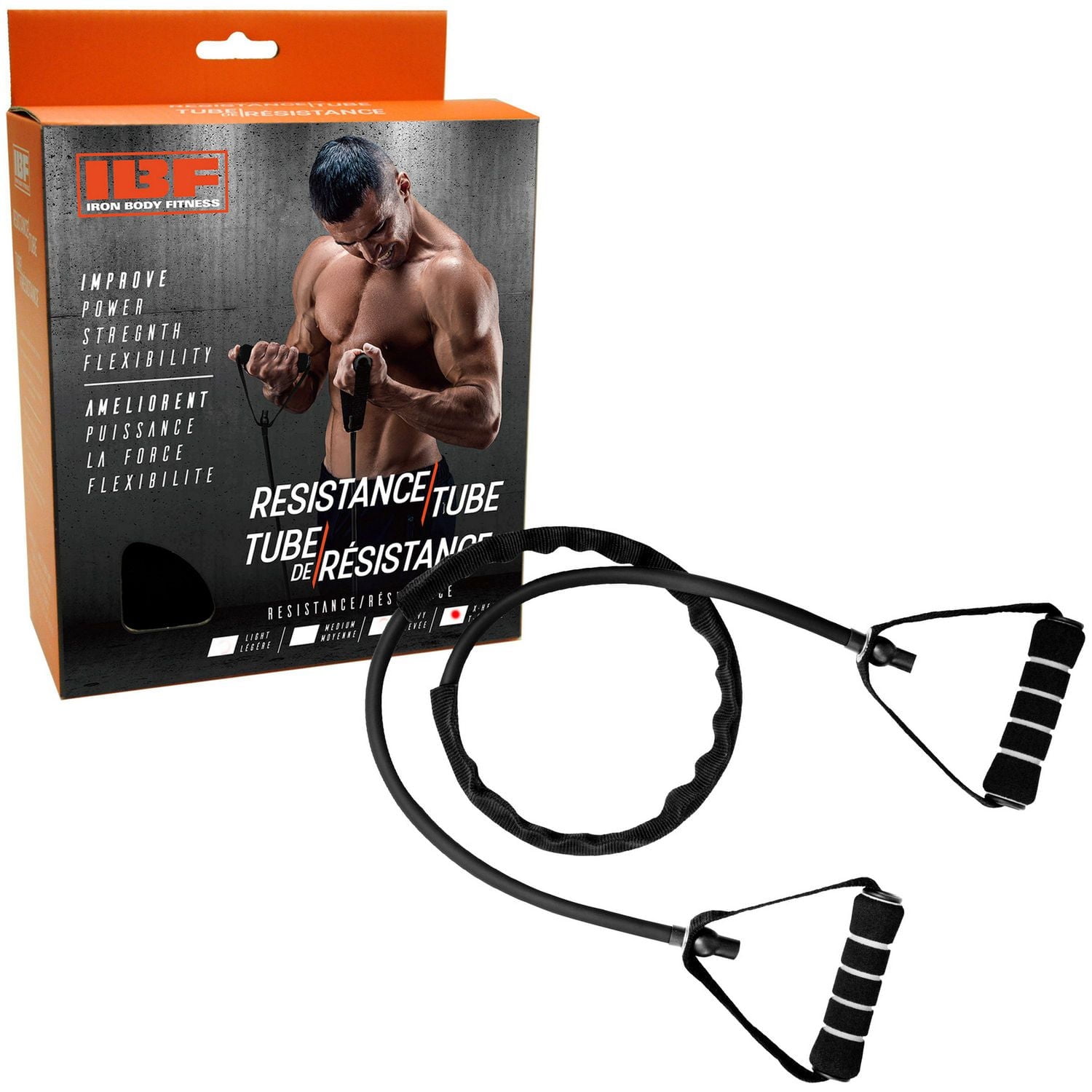 Tube / bande / cordon de résistance IBF Iron Body Fitness au latex avec poignées en mousse pour améliorer la puissance la force et la flexibilité - Disponible en résistance légère / moyenne / forte /