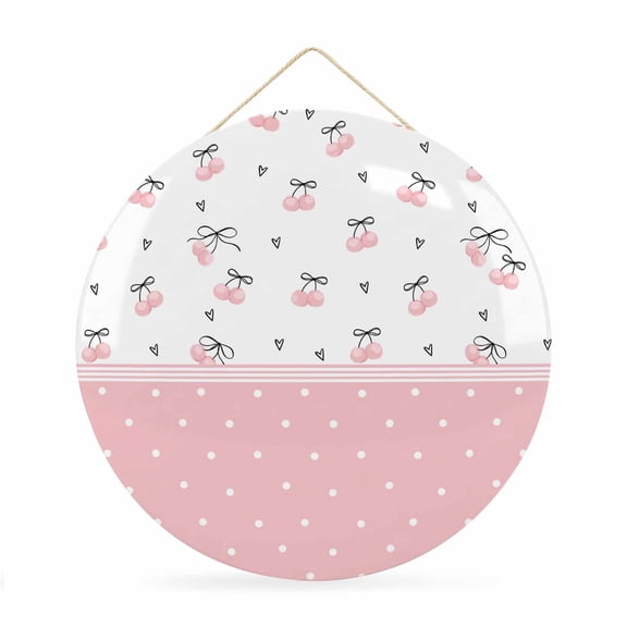 Round Welcome Sign for Front Door, Pink Cherry Hanging Metal Farmhouse Wall Decor for Porch Entryway, Elegant Pastoral Farmhouse Art Polka Dots Decoration for Holiday Housewarming Gift, 12 in