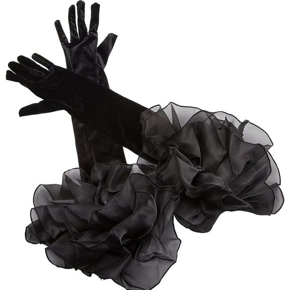 Black Satin Wedding Gloves Long Retro Formal Soft Velvet Stretchy Mittens with Sheer Tulle Ruffle pleated Cuff Over Elbow Glove