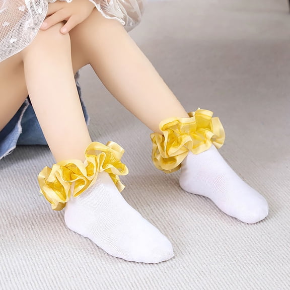 B91xZ Baby Socks Floor Socks Lace Socks With Ripple and Ruffle Socks for Toddler Girls (Yellow, 1-3 Years)