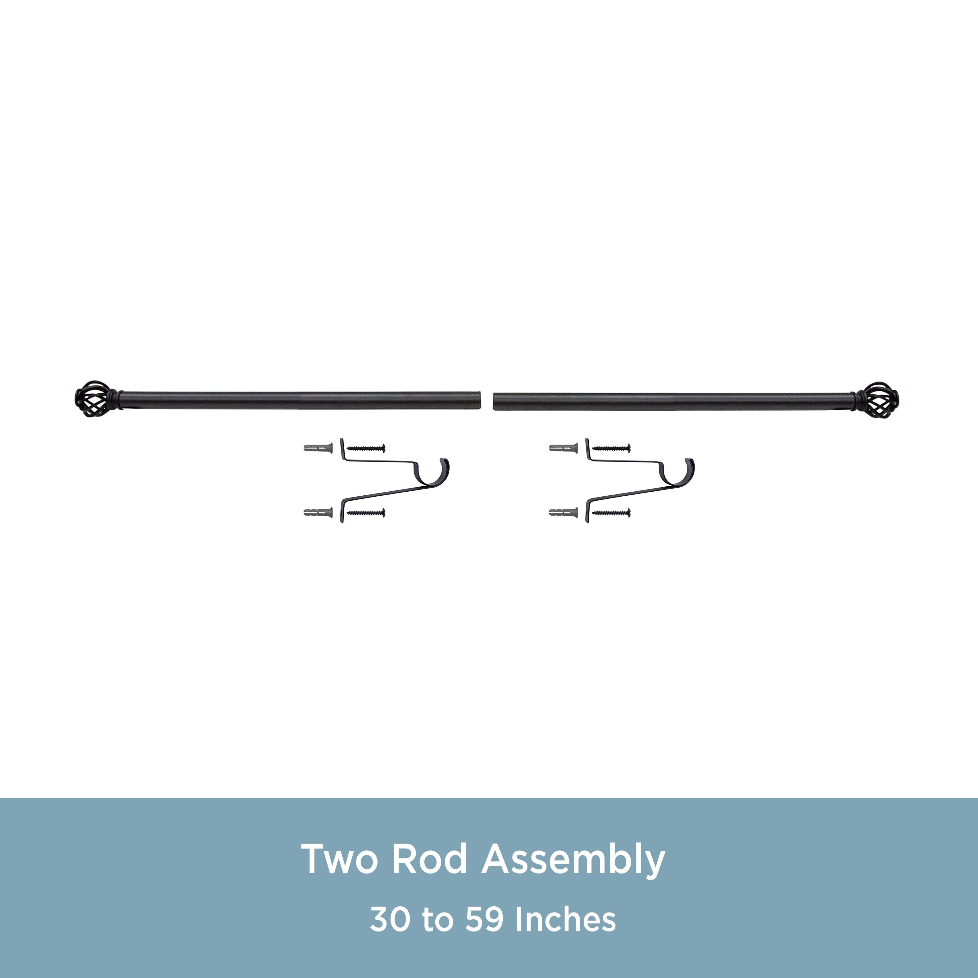 Kenney 1" Diameter Curtain Deco Rod 30" x 84", Modern Single Curtain Rod, Plastic Finial, Cage Style, Black