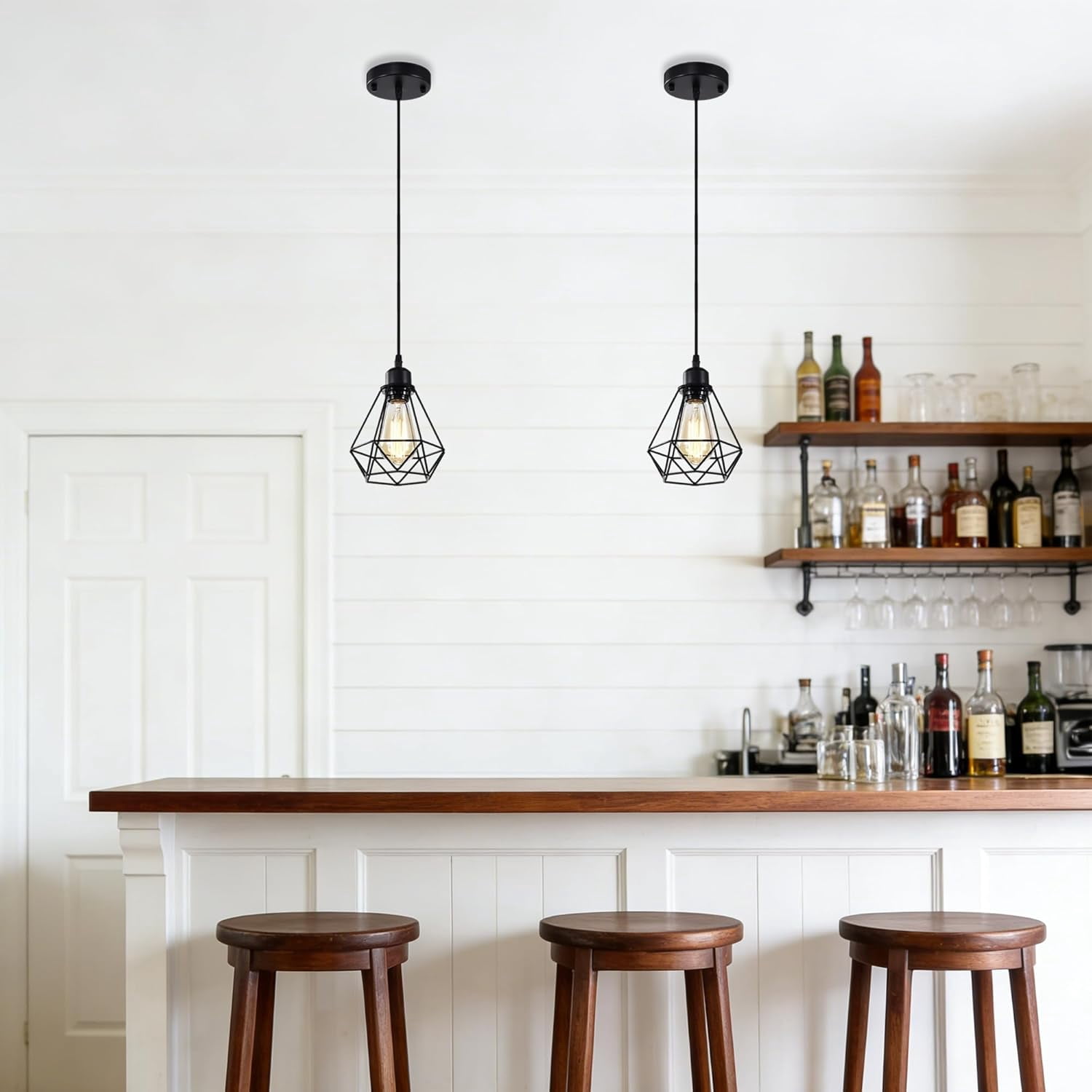 Modern Industrial Pendant Light 2 Pack Black Metal Geometric Cage E26 Hardwired Hanging Ceiling Light for Kitchen Island