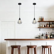 Modern Industrial Pendant Light 2 Pack Black Metal Geometric Cage E26 Hardwired Hanging Ceiling Light for Kitchen Island