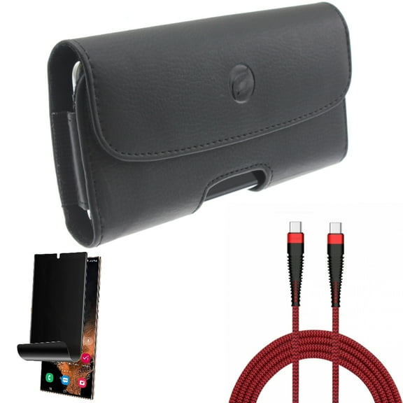 Case Belt Clip & Privacy Screen Protector & 10ft PD Cable for Samsung Galaxy S22 Ultra (6.8") - Combo Leather Holster Cover & TPU Film (Fingerprint) Anti-Peep & Type-C to USB-C Charger Cord Power