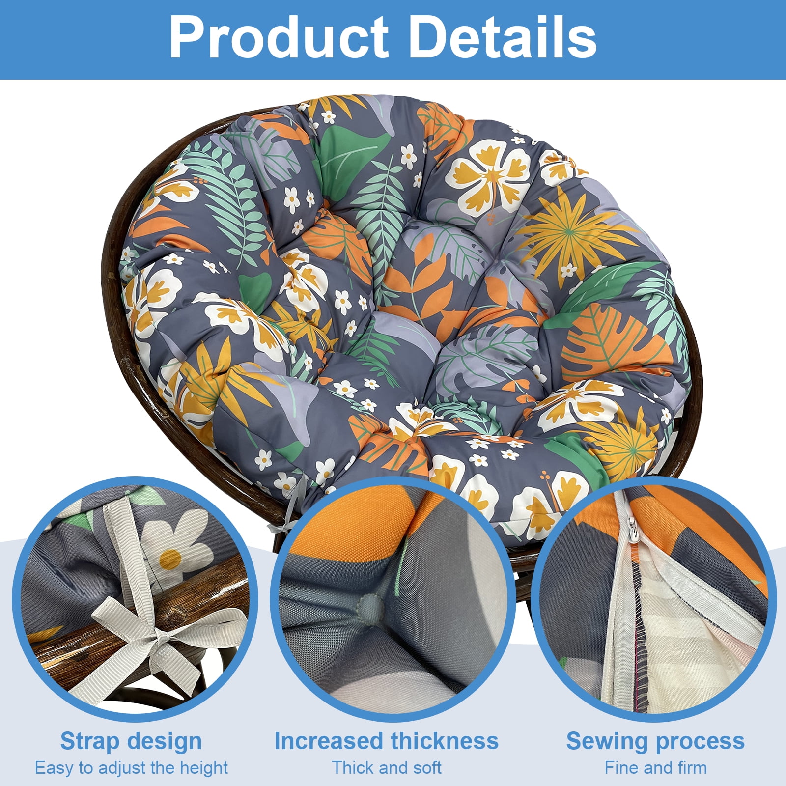JOVELL 48 Inch Papasan Cushion Replacement, 5" Thick Waterproof Round Chair Pad, Fade & UV Resistant Indoor Outdoor Patio Seat Cushion, Floral