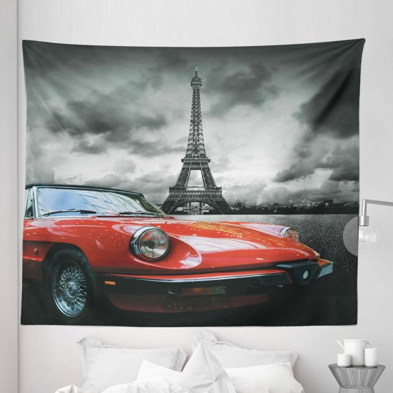European Tapestry, European Honeymoon Romantic City Paris Eiffel Tower Italian Car, Fabric Wall Hanging Decor for Bedroom Living Room Dorm, 5 Sizes, Charcoal Grey White, by Ambesonne
