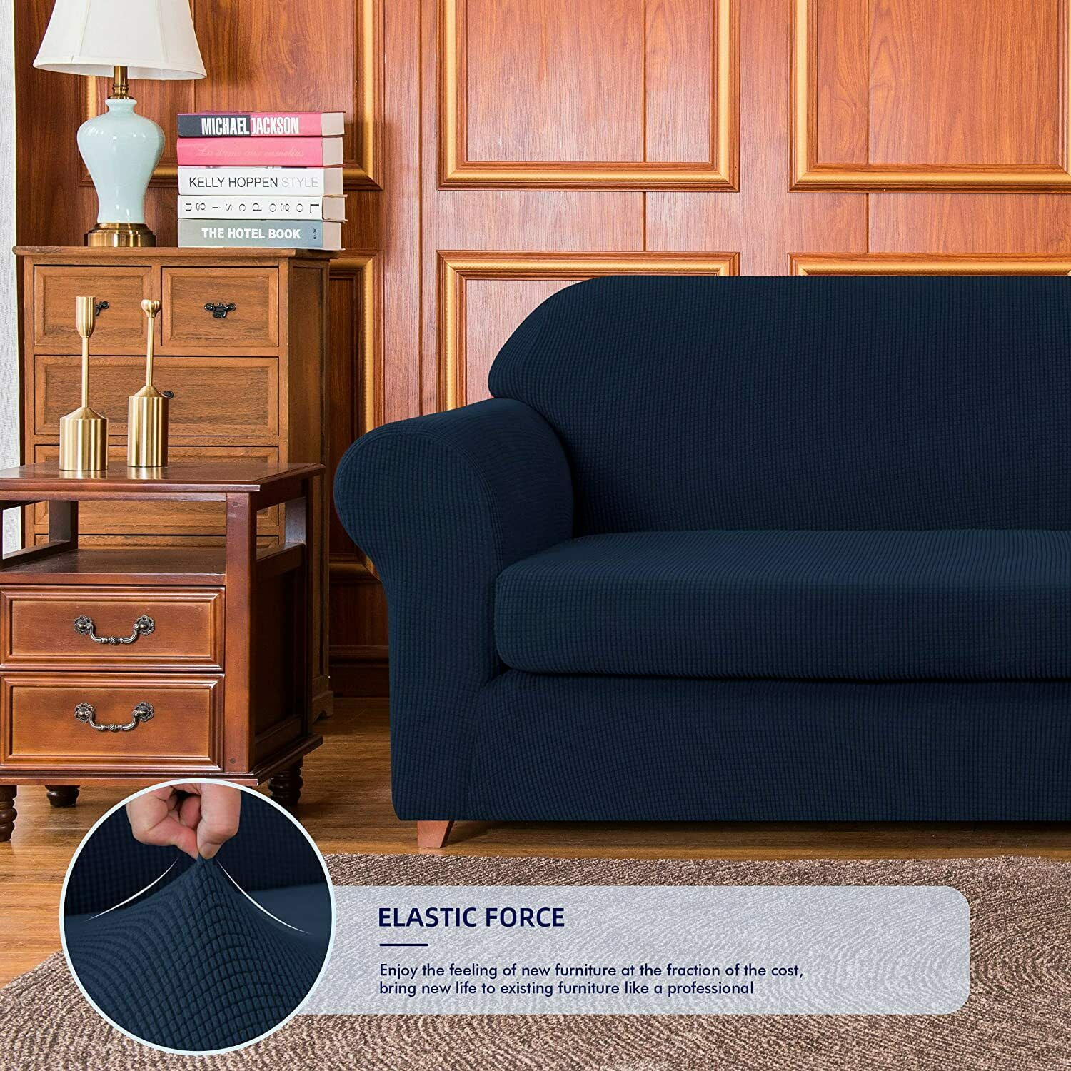 Subrtex Stretch 2-Piece Textured Grid Sofa Slipcover Jacquard Non Slip Couch Cover (Navy, Armchair)