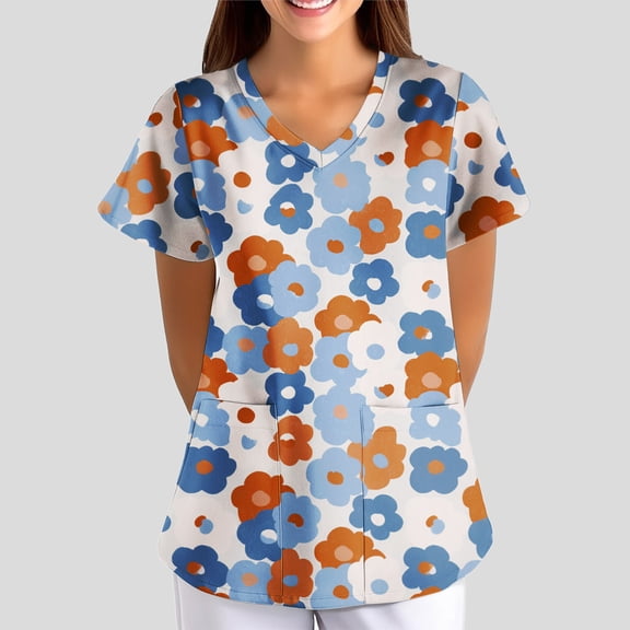 Iaqnaocc Scrub Tops Women Plus Size Floral Print Nursing Uniform Fashion V Neck Side Slits Scrub Shirt Party Short Sleeve Tees Blouse with Pockets Purple XL