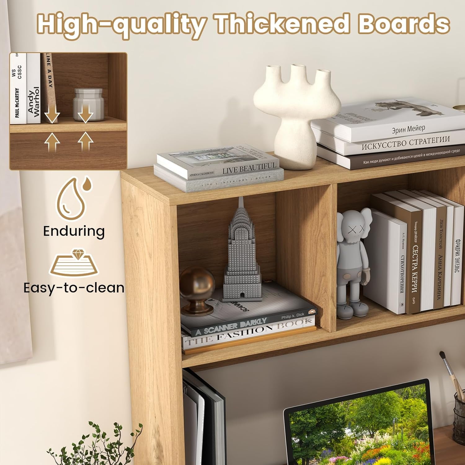 CRXX Desktop Bookshelf, Countertop Storage Hutch with 4 Shelves for Computer Desk, Dressing Tabletop Display Rack, Multipurpose Desk Hutch Storage Organizer for Home Office Dorm, Natural