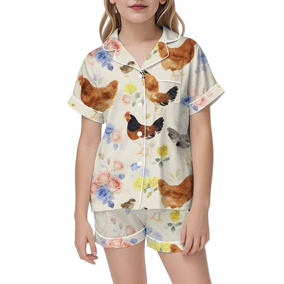 BOOMNY Girls 2 Peice Pajamas Sets Cartoon Graphic Short Sleeve Buttons Sleepwear Tops Shorts Pjs Set for Kids Cozy Loungewear Homewear