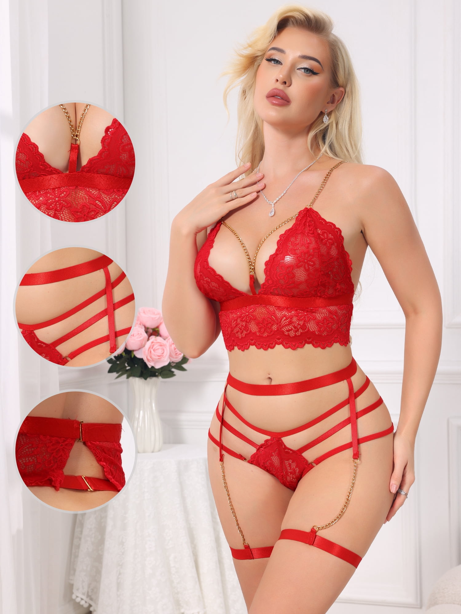 DARING DIVA Women's Lingerie Set Wireless Lace Plunge Bra Panty Garter 3 Piece XL Red