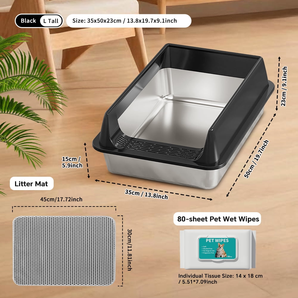 Cat Litter Box + Mat + Wipes, Semi Enclosed High Side Stainless Steel Litter Box, Top Entry Pet Mats for Senior Cats, Leak-Proof, Non-Sticky, Ideal for Indoor Cats Kitten, L