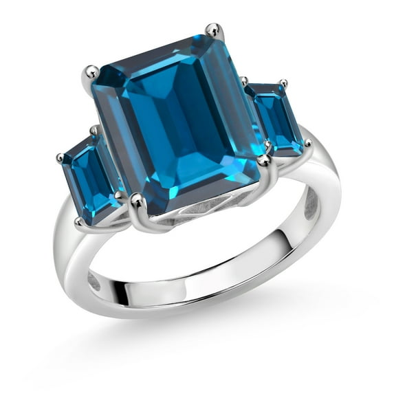 Gem Stone King 8.82 Cttw London Blue Topaz 3-Stone Ring for Women | 925 Sterling Silver | Gemstone Birthstone | Emerald Cut 12X10MM and 6X4MM | Wedding Engagement Anniversary Ring | Size 8