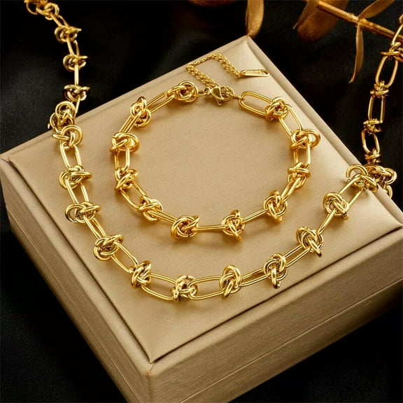 GKNET Womens Delicate Jewelry Set 18K Gold Plated Stainless Steel Knot Bracelet Chain Necklace