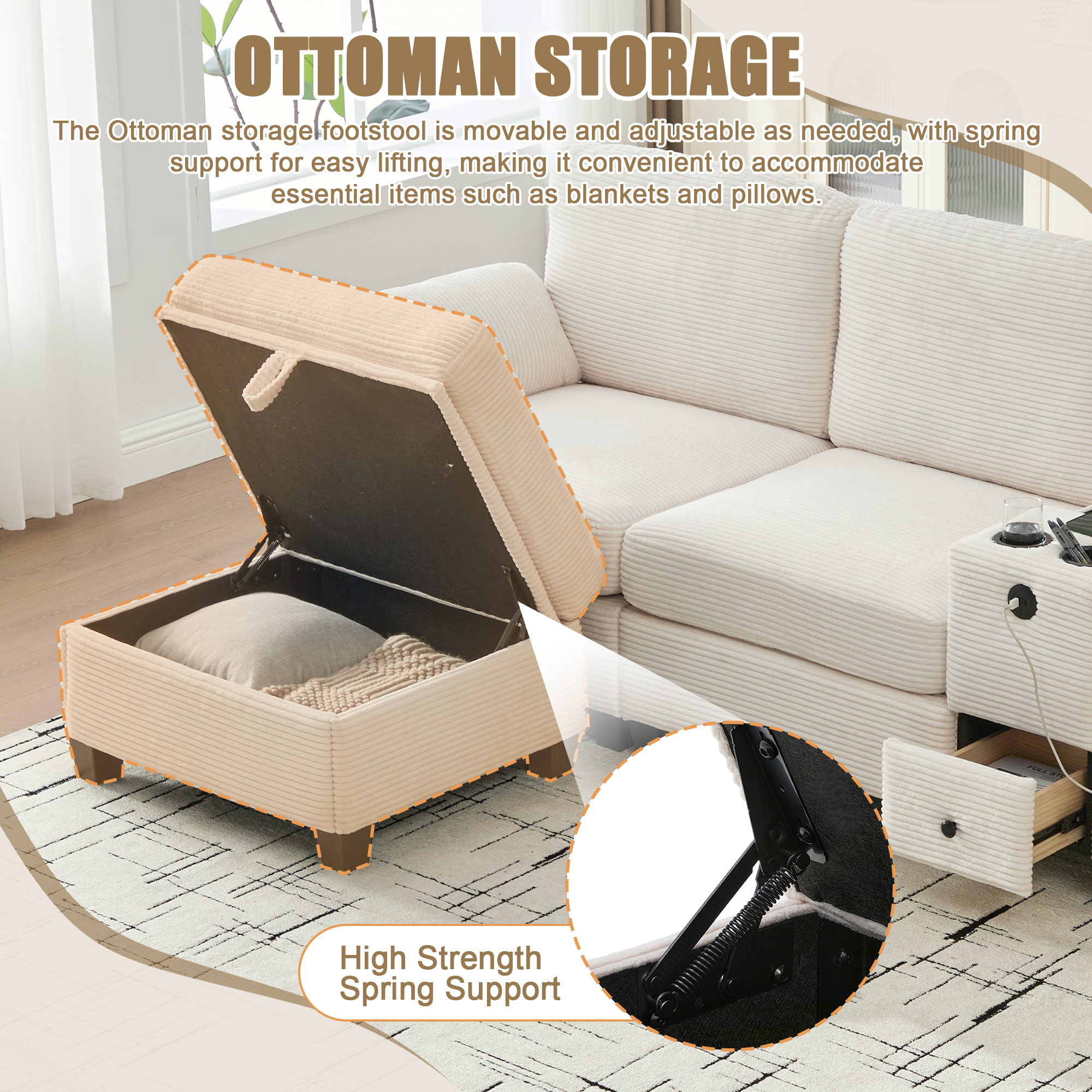 MOONMISS Corduroy Upholstered L-Shaped 4-seater Storage Multifunctional Sectional Sofa with Storage Ottoman-Beige