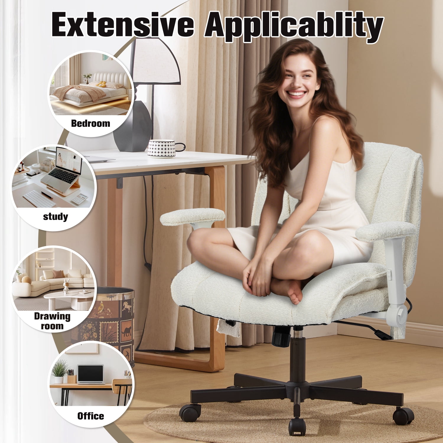 Criss Cross Chair with Dynamic Lumbar Support, Fabric Cross Legged Office Chair with Flip Arms and Wheels, Wide Swivel Vanity Chair for Home Office, Study, Makeup Room