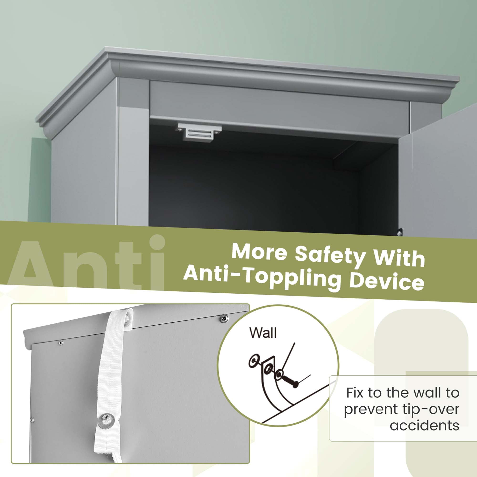 Costway Tall Bathroom Floor Cabinet Narrow Linen Tower with 2 Doors & Adjustable Shelf Grey