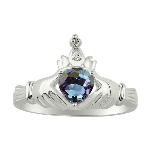 RYLOS Rings 14K White Gold Claddah Love, Loyalty & Friendship Ring Heart 6MM Gemstone & Diamond Claddagh Rings June Alexandrite Jewelry Size 9