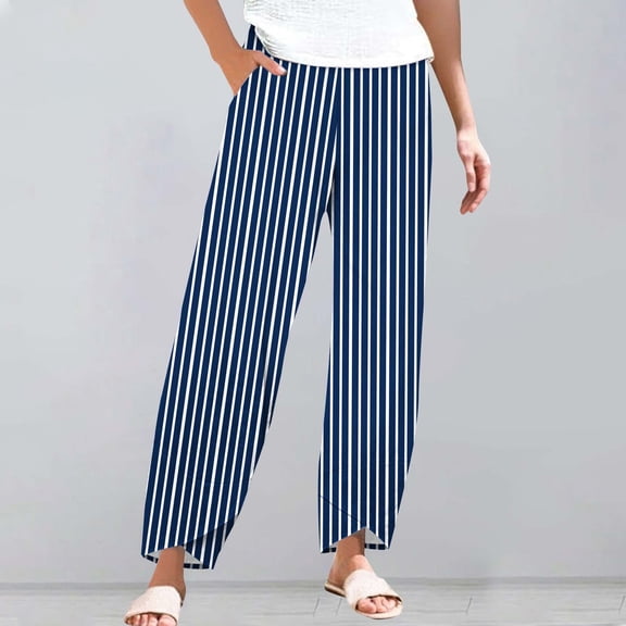 Women's Casual Pants Striped Linen Pants For Women Summer Casual Wide Leg Pants With Pockets Comfy Cropped Palazzo Pants,Blue Women's Casual Pants XXXL