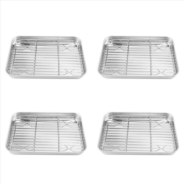 4pcs 9 Inch Toaster Oven Tray and Rack Set, Small Stainless Steel Baking Pan with Cooling Rack,4 x baking pan 4 x grid rack,Silver