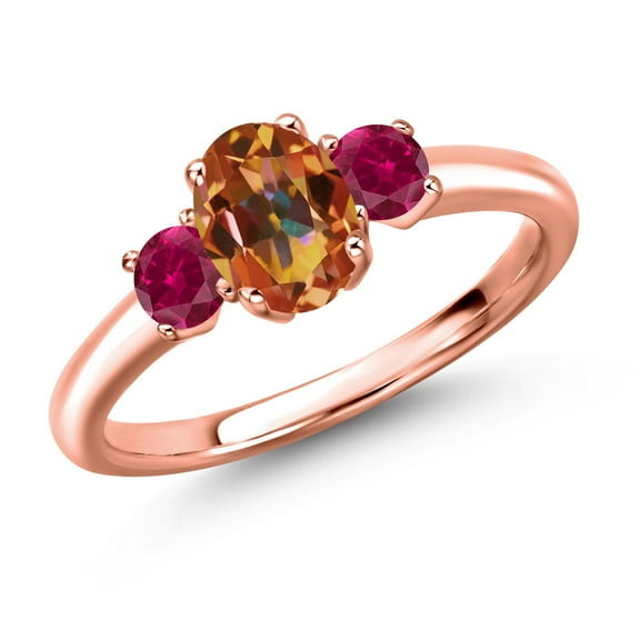 Gem Stone King 18K Rose Gold Plated Silver Ecstasy Mystic Topaz and Red Created Ruby Engagement Ring for Women | 1.50 Cttw | Oval 7X5MM | Gemstone November Birthstone | Size 7