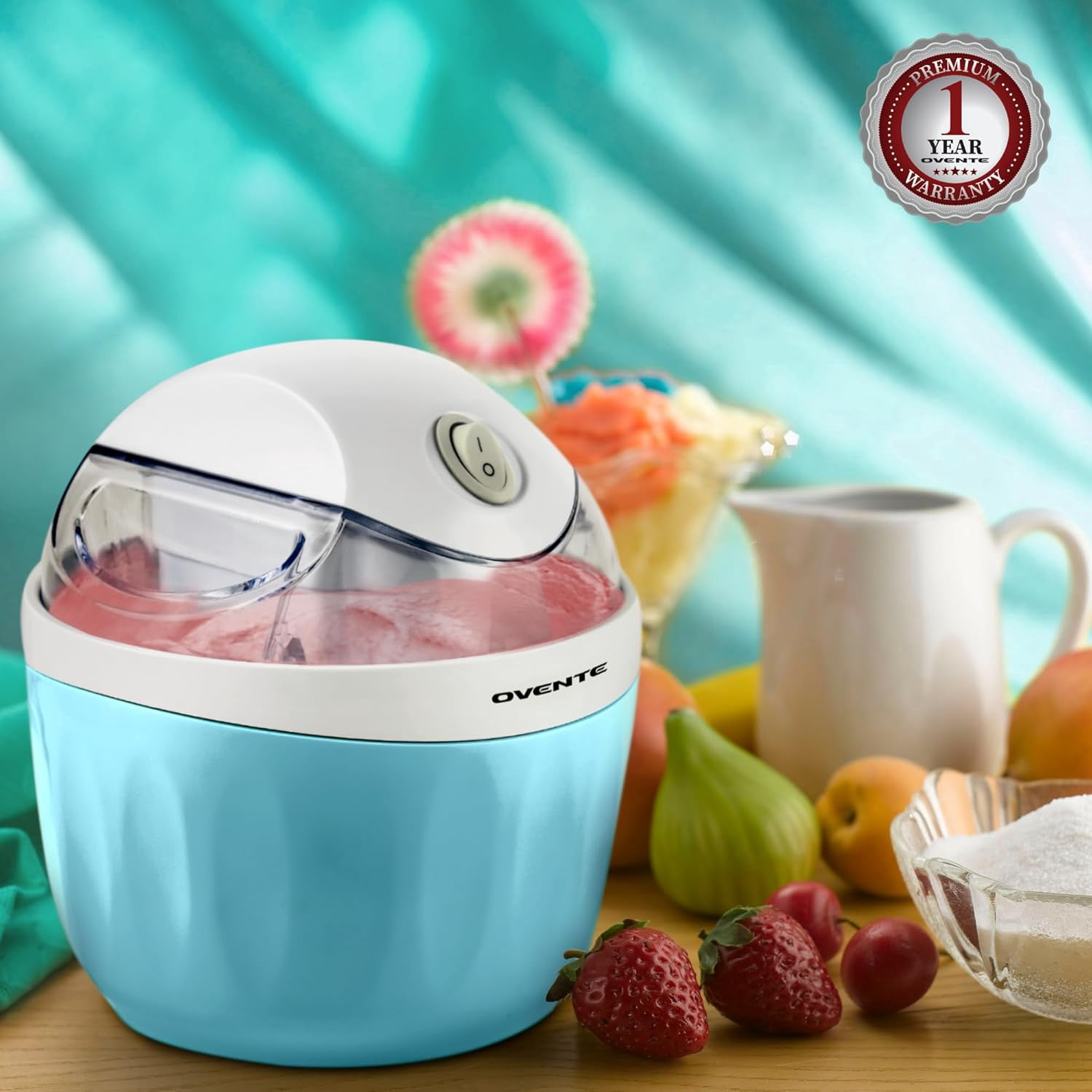 OVENTE Electric Ice Cream Maker, 1QT Freezer Bowl, 15W, Blue ICM110BL I For Healthy & Homemade Frozen Yogurt, Sorbet and Gelato, Mini Kitchen Appliance Ideal for Summer Desserts for Kids