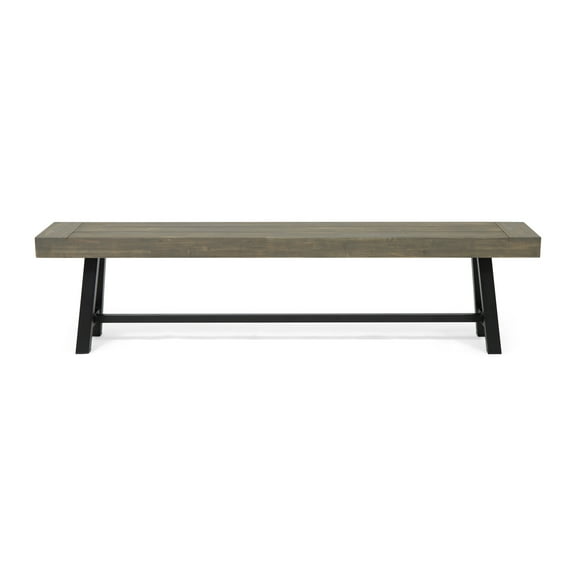 Marian Outdoor Acacia Wood Bench, Gray Finish and Black Metal