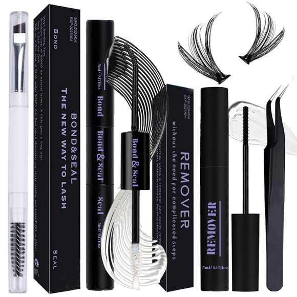 Qiveaory Lash Bond and Seal Kit 4 piezas DIY extensión de pestañas con pegamento impermeable para pestañas 72h Hold and Seal Lash Remover Pinzas cepillo de pestañas portátil con tapa para extensiones