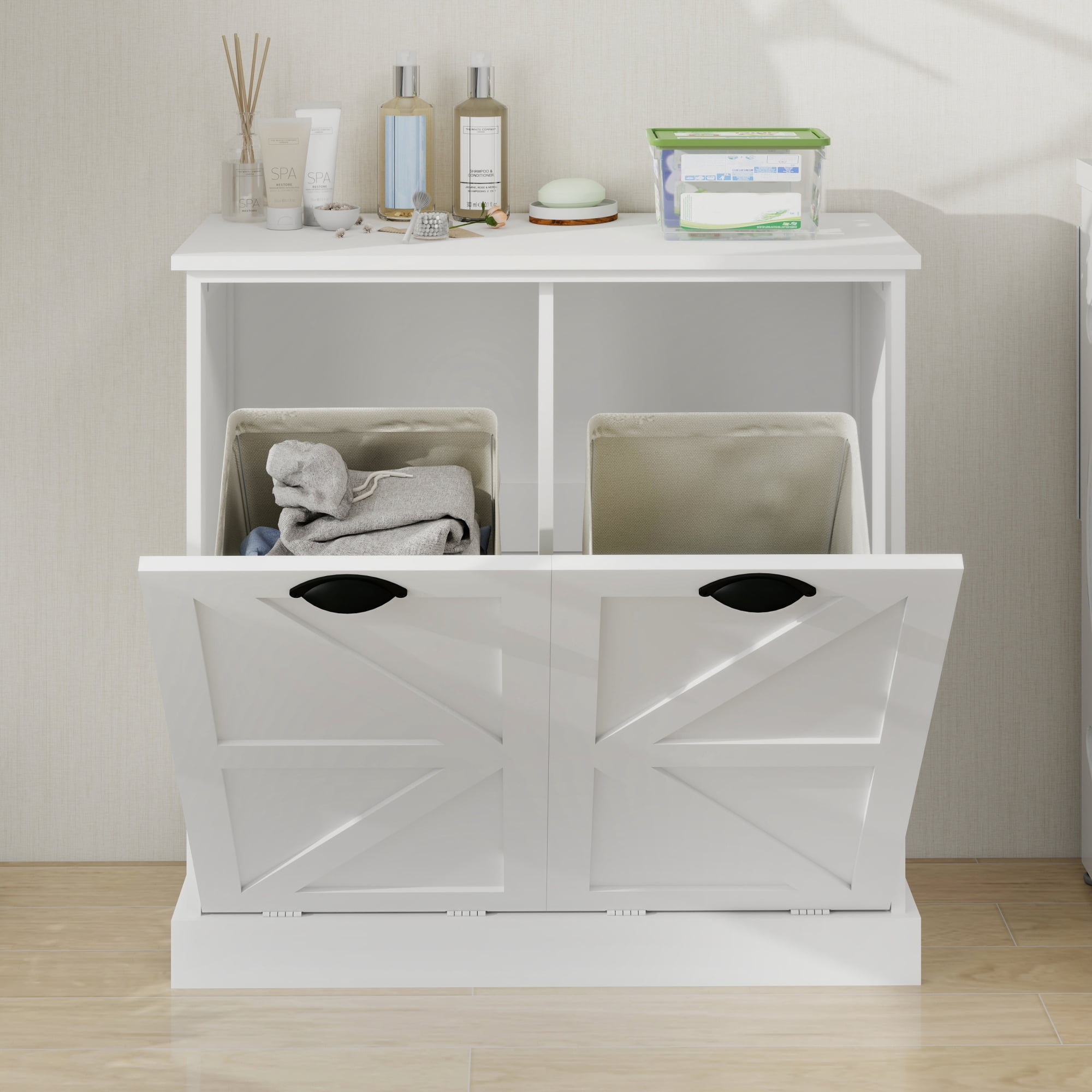 Leumius Tilt-Out Laundry Hamper Cabinet,Freestanding Laundry Sorter Cabinet with 2 Compartment,White