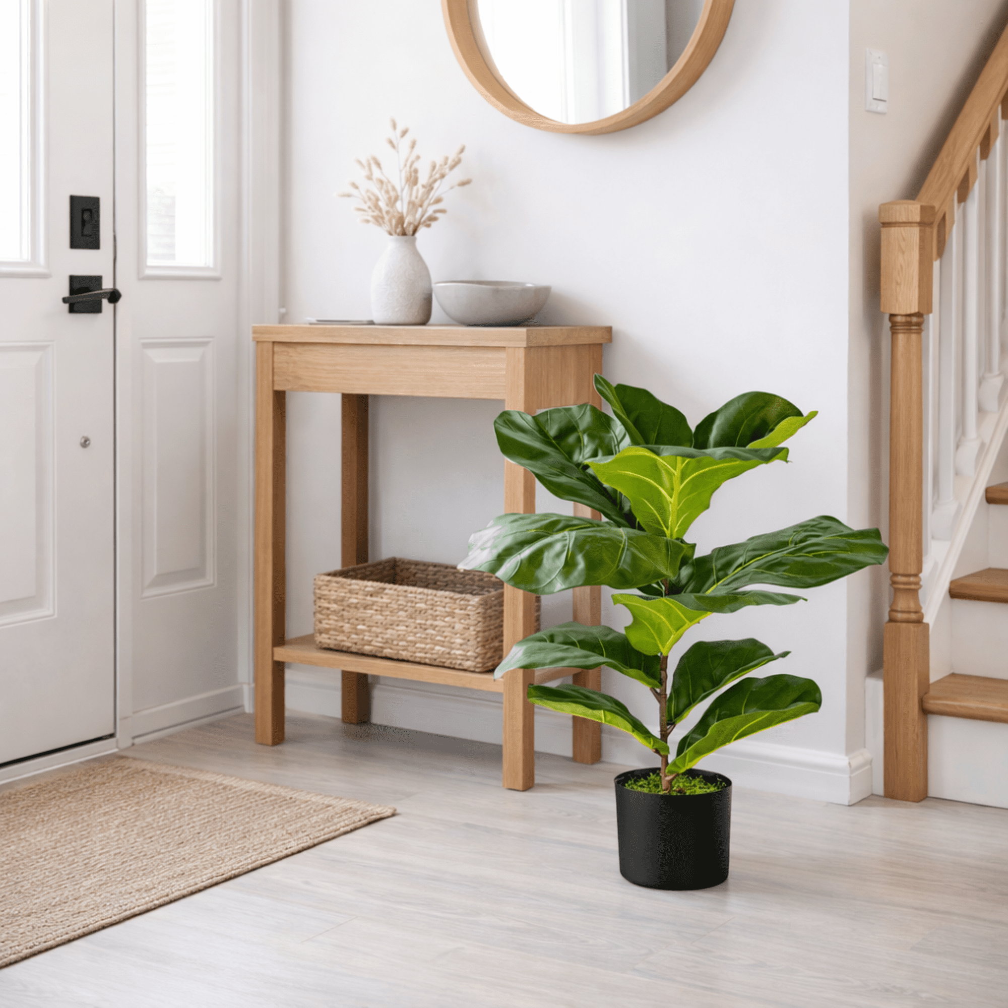 Artificial Plant, 2.5ft Fiddle Leaf Fig  Plant in a Plastic Black Grower's Pot by LCG Florals, Faux Designer Fake Indoor Plant for Living Room, Office, and Home Décor