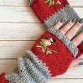 thumbnail image 2 of SPRING PARK Women Autumn Winter Bird Embroidered Thick Adjustable Gloves Knit Fingerless Color Block Mitten, 2 of 3