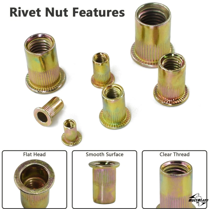 CIRCLE- 175Pcs Zinc Carbon Steel Rivet Nut Kit – M3-M10, Flat Heads