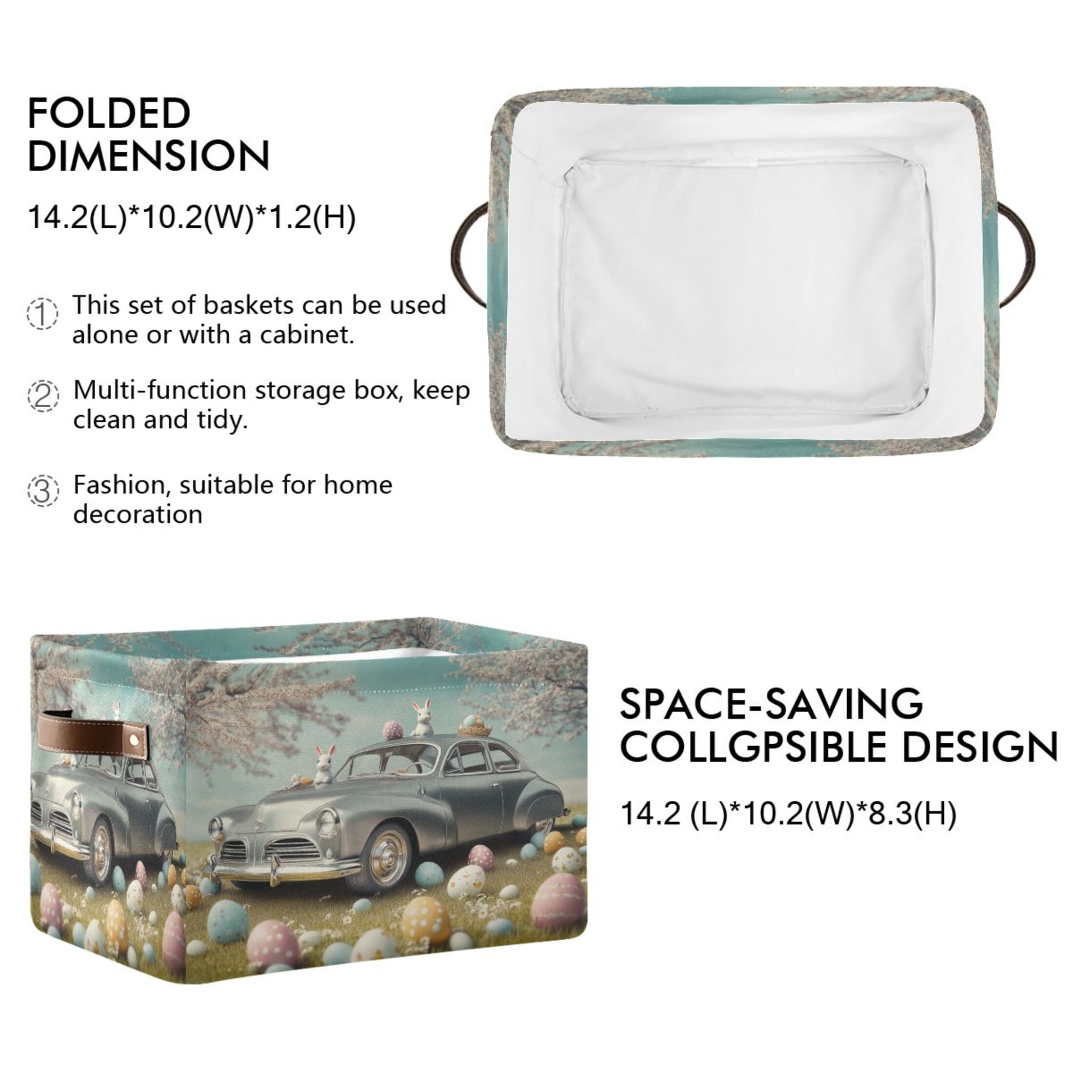 Car and Easter Eggs Foldable Storage Basket,Canvas Fabric Foldable Storage Bins with Handles Open Home Storage Bins Boxes for Toy Book Shelf Closet Baskets