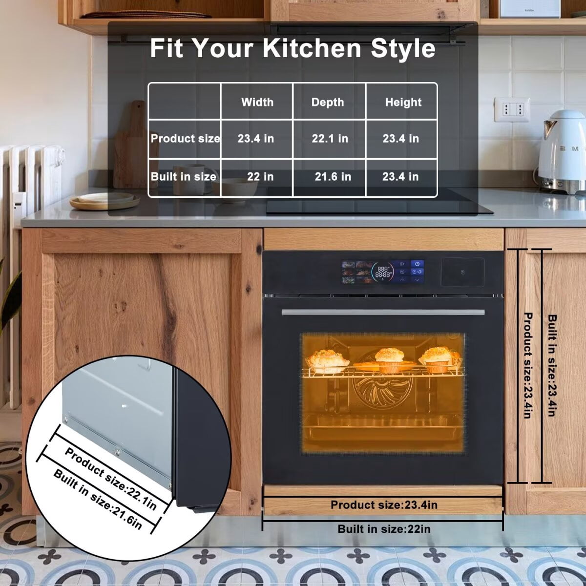 Single Wall Oven 24", Built-in Electric Ovens with Steam & Grill & Air Frying Mode, 2.5Cu.ft Convection Built-in Oven, Colorful Touch Screen, Stainless Steel