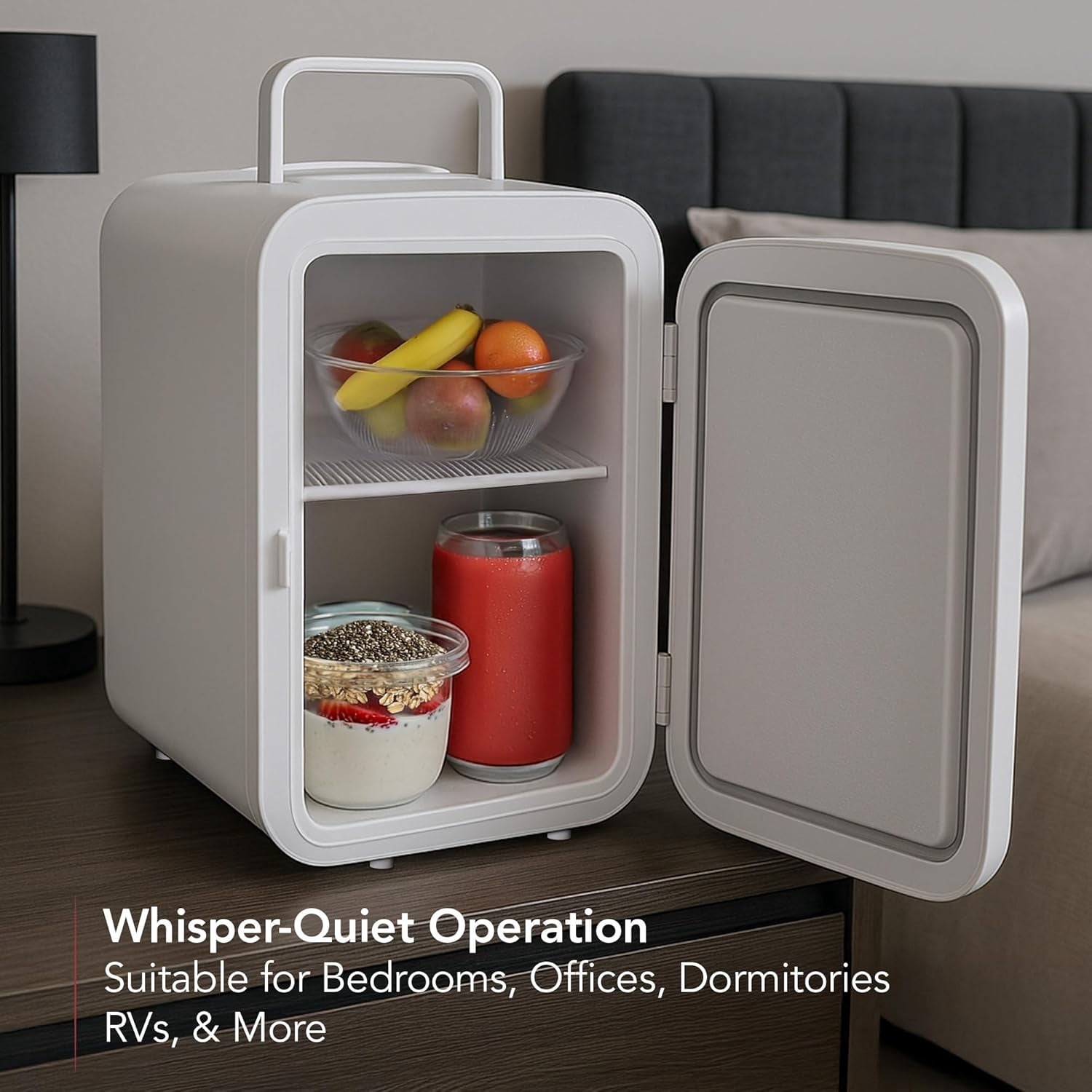 OVENTE Mini Fridge, 4L Capacity Fits 6 Can Beverages, Portable Personal Refrigerator and Small Cooler for Skin Care, Cosmetics or Food, Ideal for Bedroom, Home Office, Dorm and Car, White RF04W