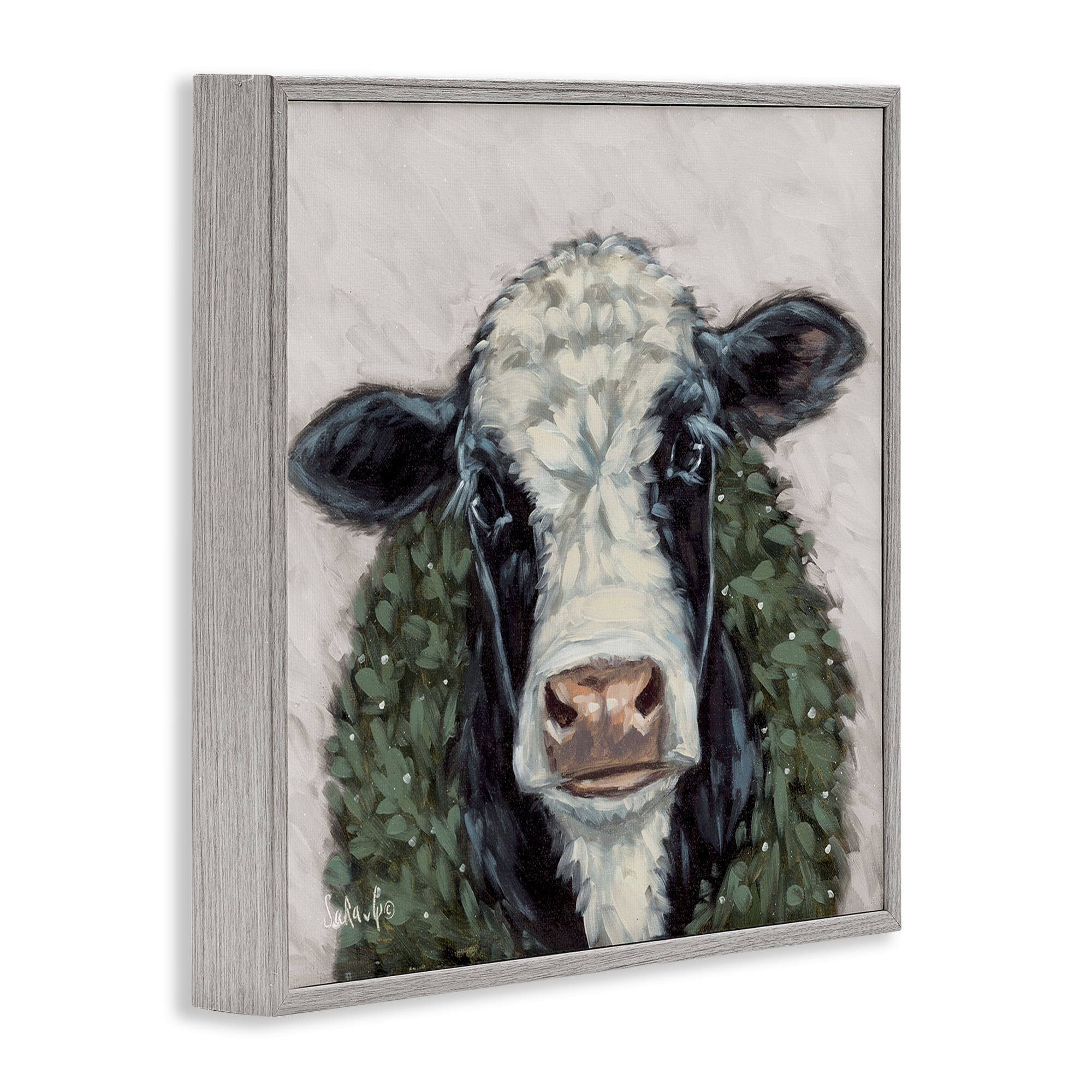 Stupell Industries Spotted Cow with Wreath Holiday Painting Gray Framed Art Prints Wall Art, 12 x 12