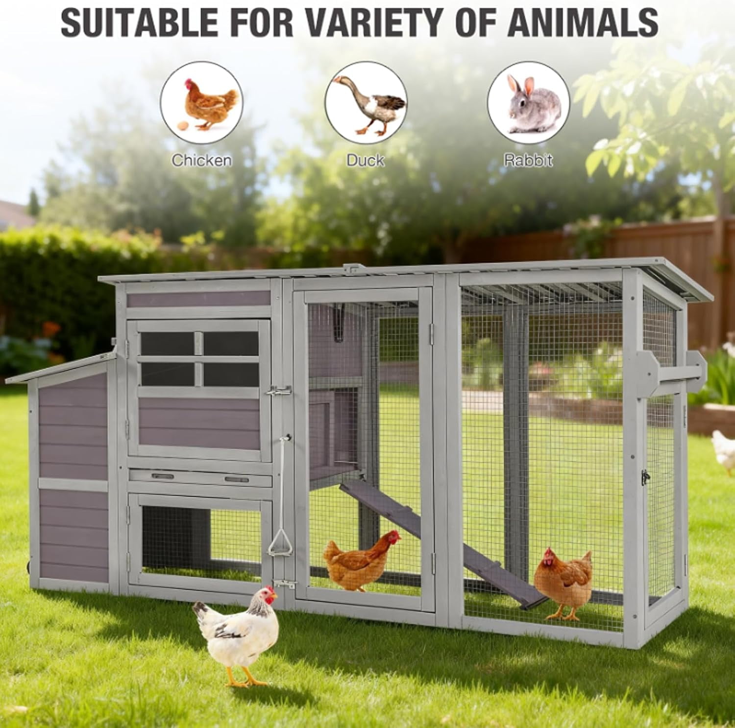 Aivituvin 78.4"Large Chicken Coop with Run, Mobile Portable Hen House Poultry Cage for 4-6 Chickens with Wheels, Nesting Box, Metal Tray, Waterproof