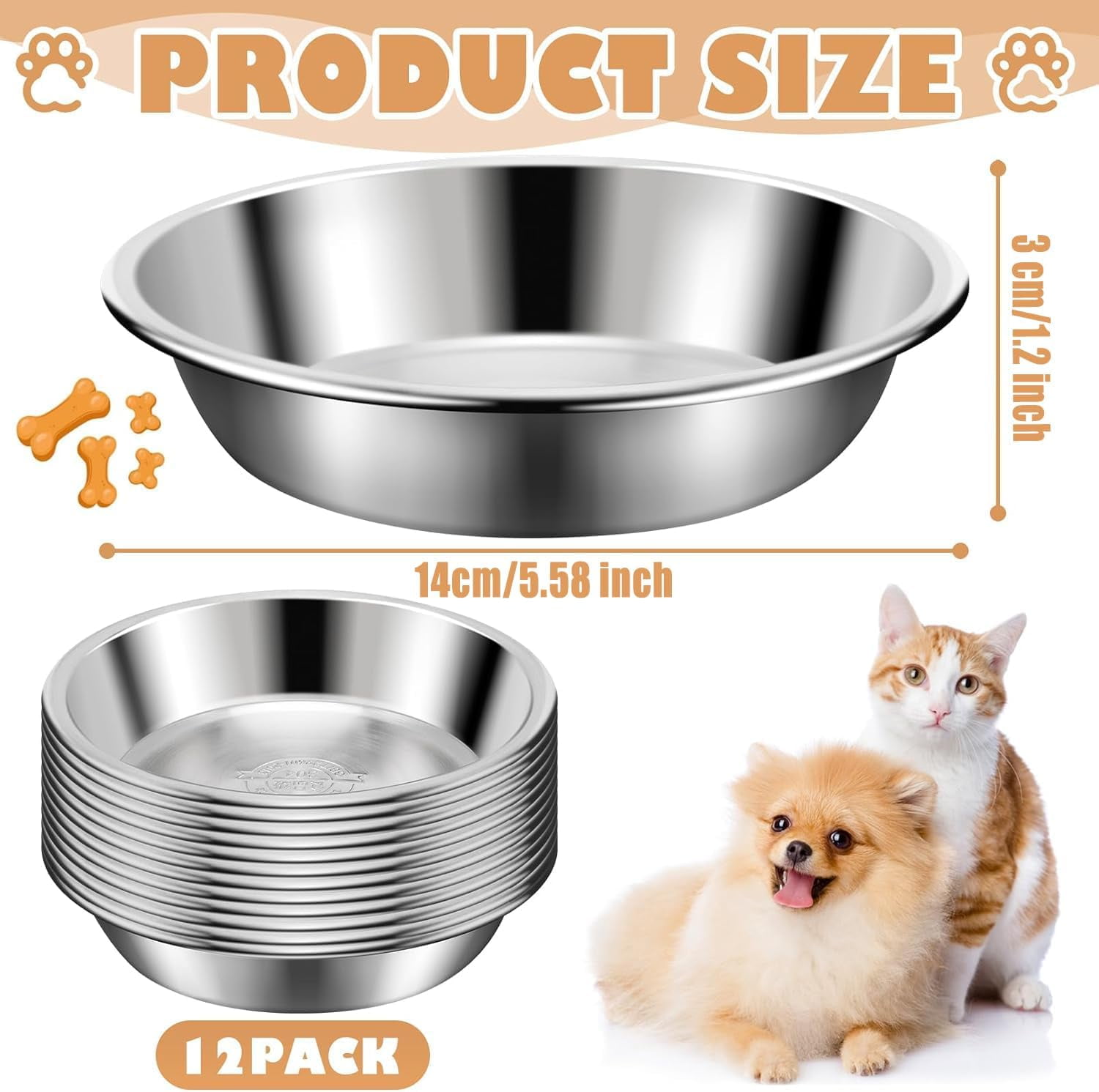 Cat Bowls,12Pcs Stainless Steel Cat Food Bowls,Replacement Whisker Fatigue Relief Cat Bowl,Shallow Cat Food Dish Bulk for Elevated Stand,Dishwasher Safe,for Small Dogs and Cats(5.5 Inch)